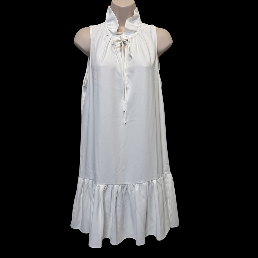 Amanda Uprichard Ellis Dress L White Ruffle Neck Drop Waist Sleeveless Coquette